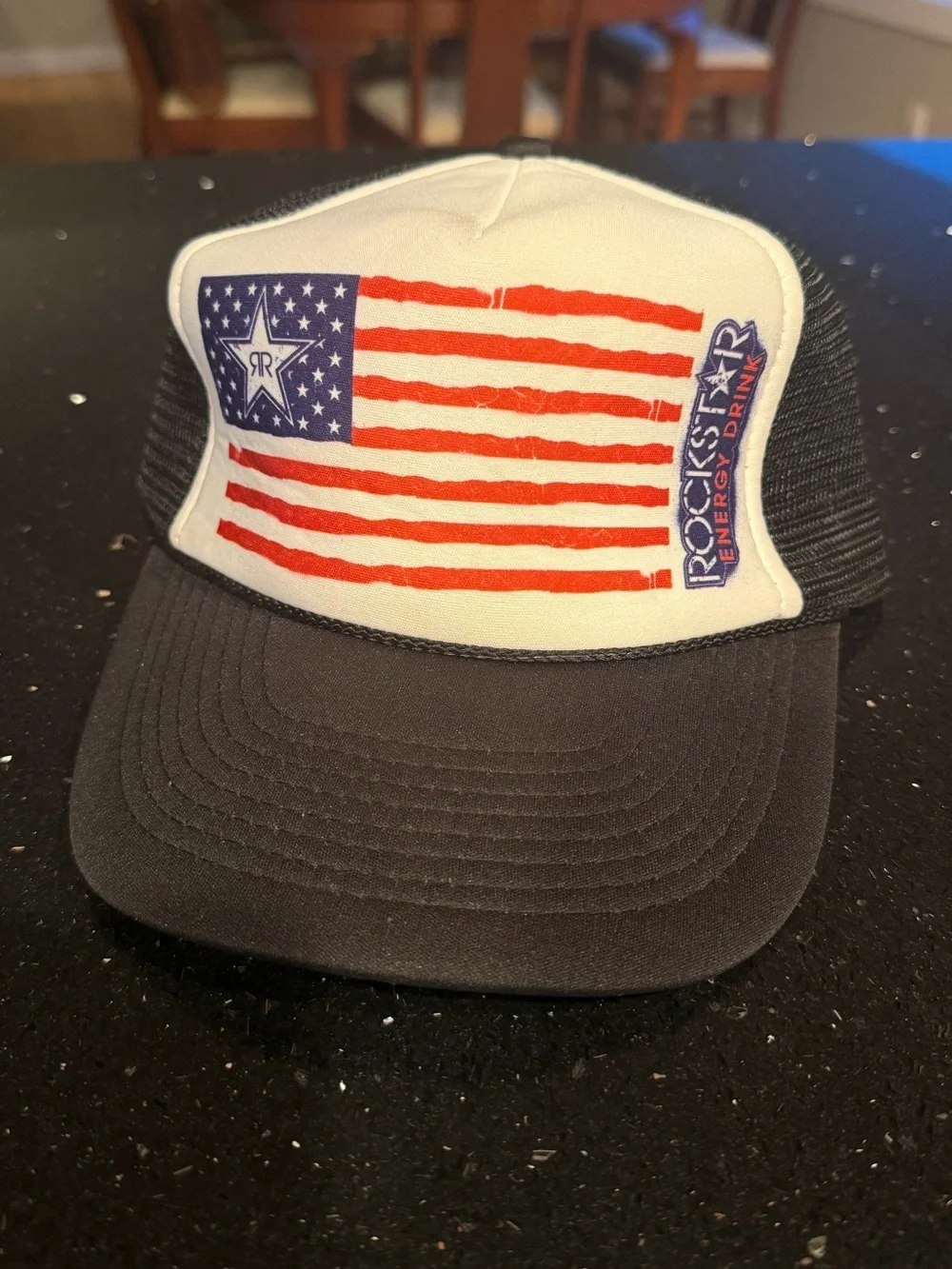 Rockstar Energy Flag Trucker Hat - Black and White with Red & Blue